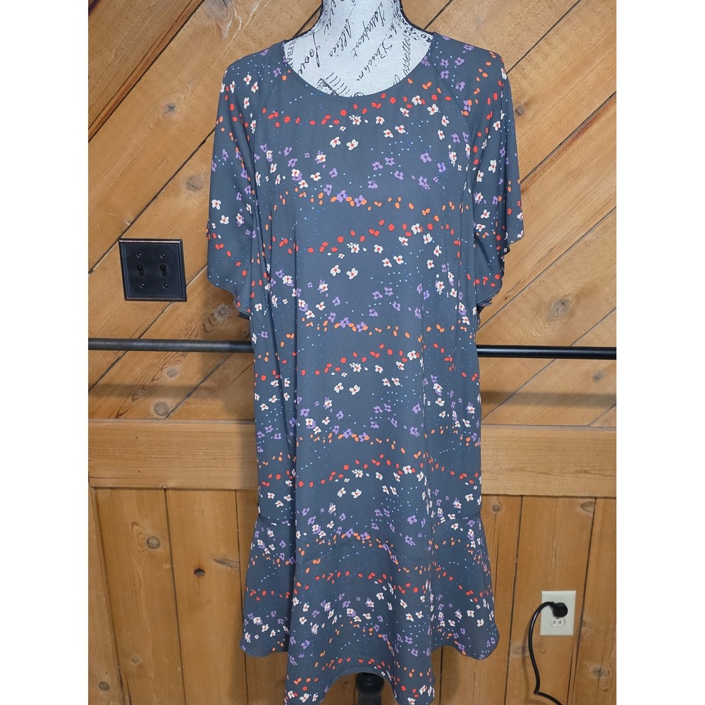 Cabi Floral Shift Dress Short Flutter Sleeve Ruffle Hem Gray Multi Color Women